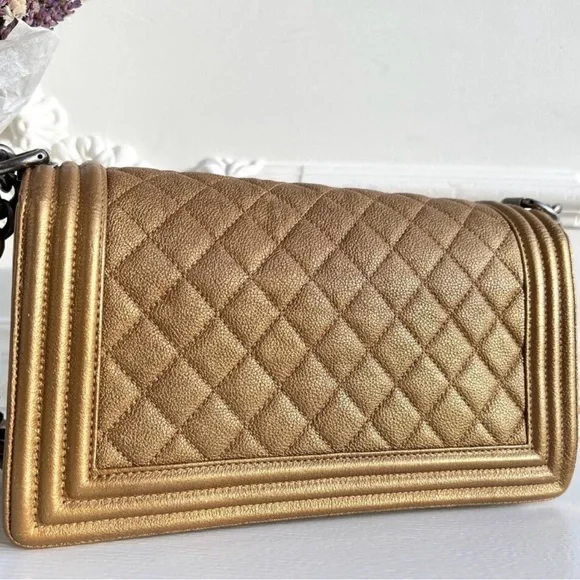 Chanel Medium Boy Metallic Dark Gold Glitter Quilted Women's Bag - Picture 3 of 6